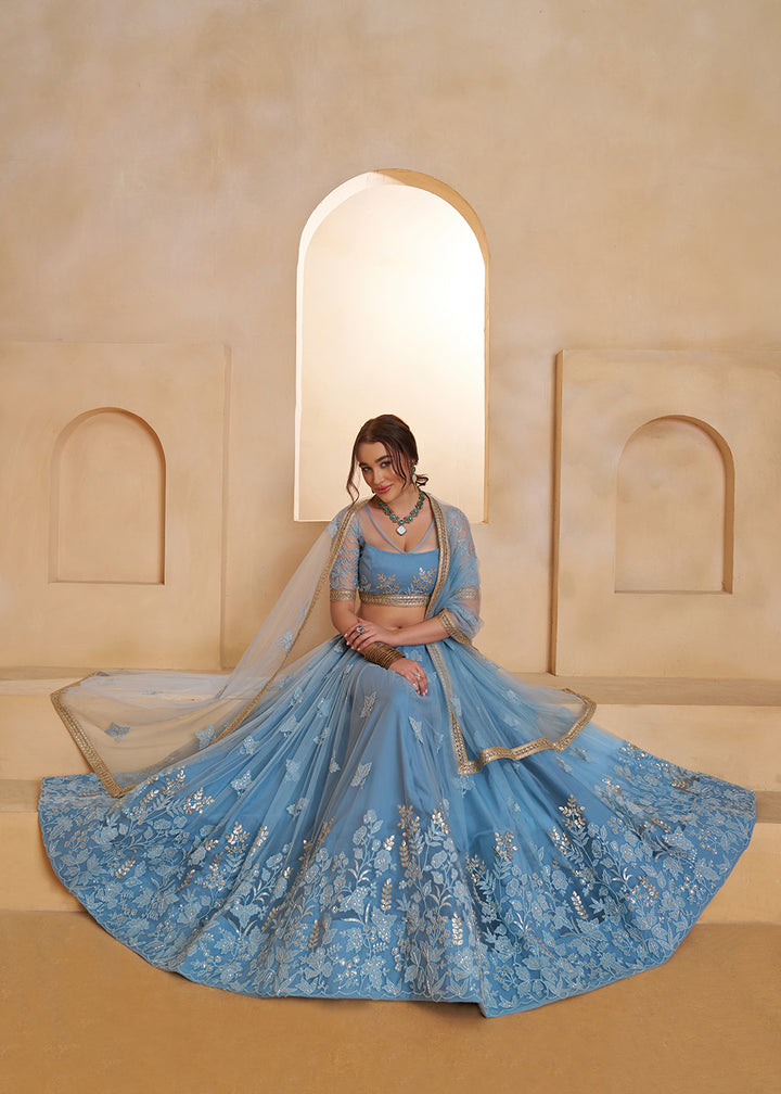 Buy Now Mint Blue Beats Embroidery Designer Lehenga Choli Online in US, UK, France, Swiss, Netherlands, Germany, Italy, Canada, UAE & Worldwide at Empress.