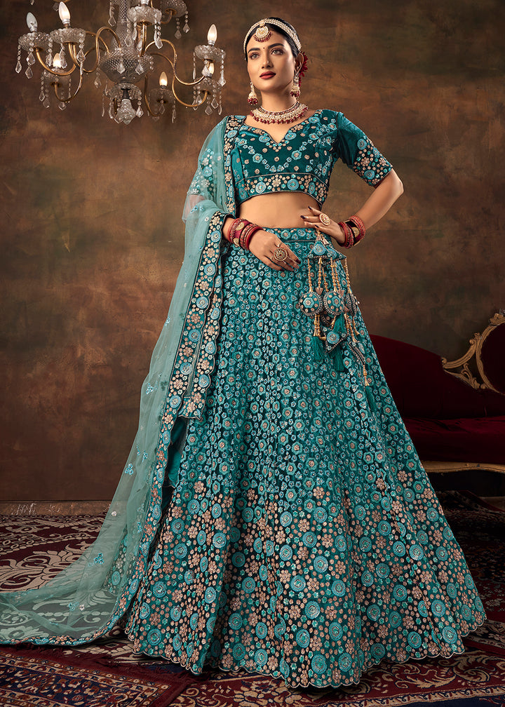 Buy Now Teal Blue Velvet Floral Embroidered Designer Lehenga Choli Online in USA, UK, Canada & Worldwide at Empress Clothing. 