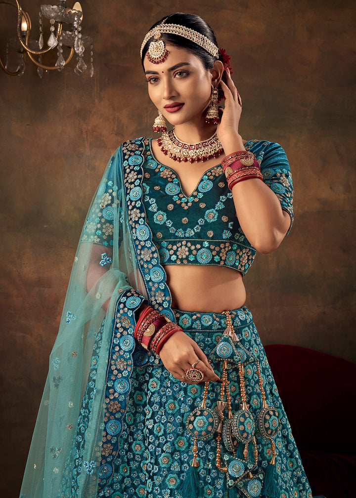 Buy Now Teal Blue Velvet Floral Embroidered Designer Lehenga Choli Online in USA, UK, Canada & Worldwide at Empress Clothing. 