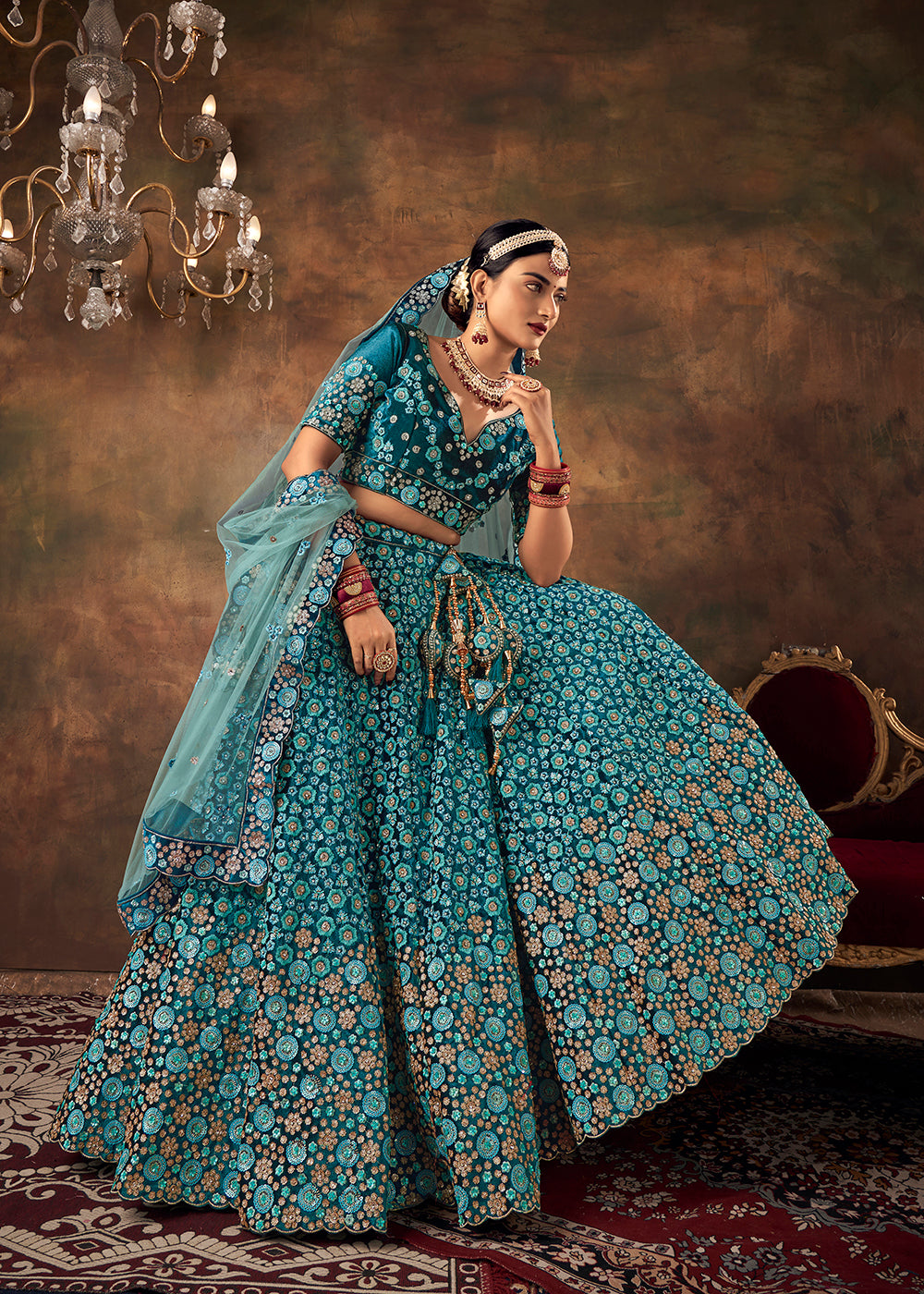 Buy Now Teal Blue Velvet Floral Embroidered Designer Lehenga Choli Online in USA, UK, Canada & Worldwide at Empress Clothing. 