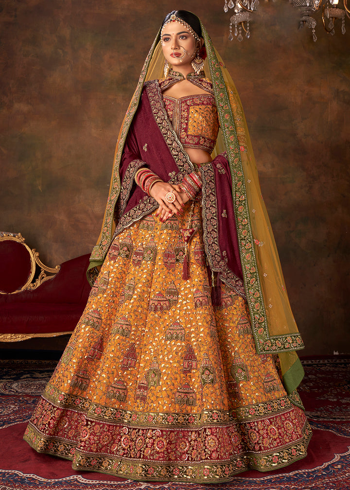 Buy Now Lovely Mustard Heavy Handwork Silk Bridal Lehenga Choli Online in USA, UK, Canada & Worldwide at Empress Clothing.