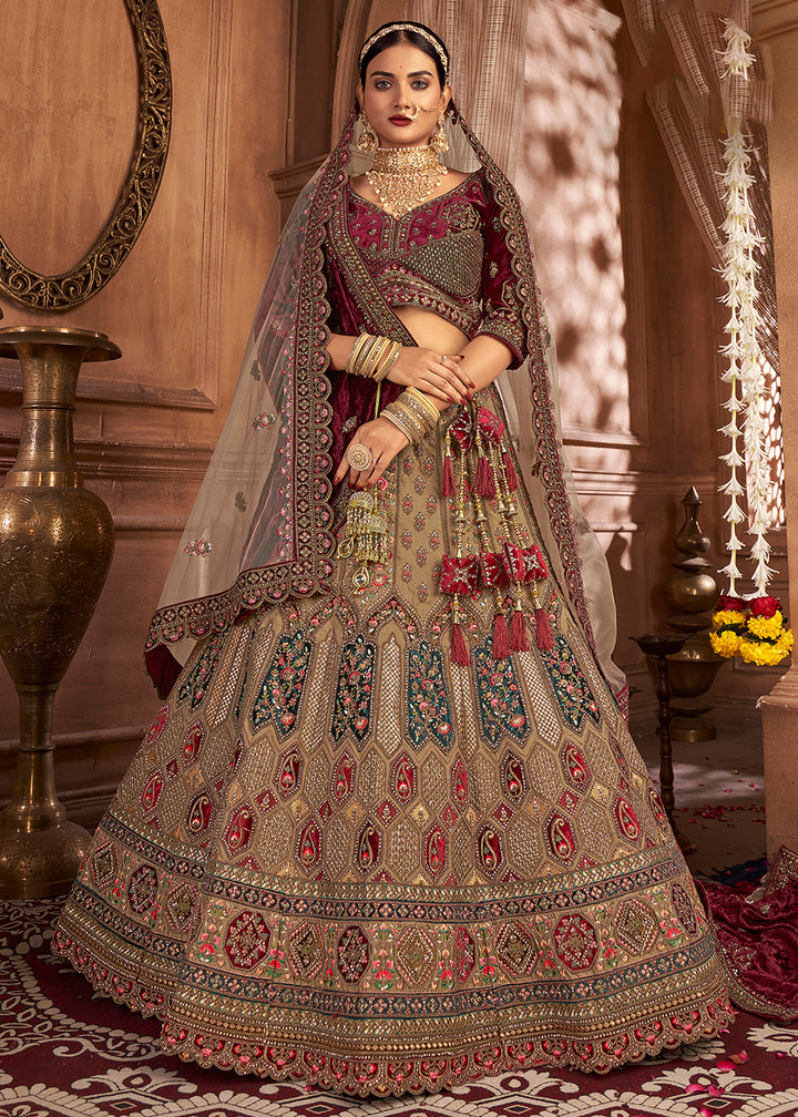 Buy Now Heavy Embroidery Chickoo Beige Velvet Bridal Lehenga Choli Online in USA, UK, Canada & Worldwide at Empress Clothing. 