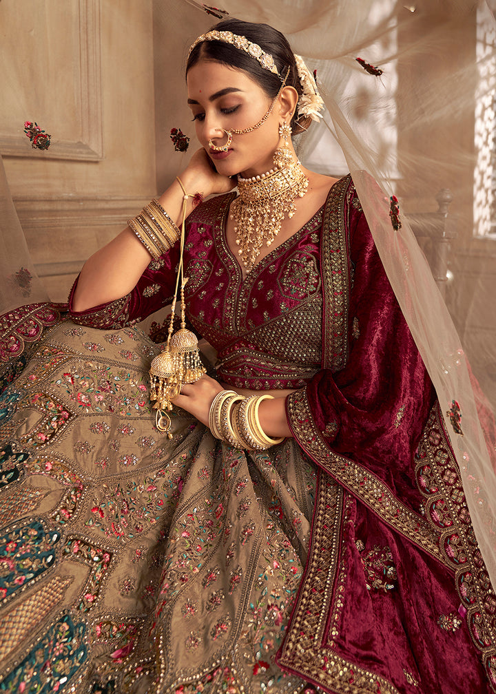 Buy Now Heavy Embroidery Chickoo Beige Velvet Bridal Lehenga Choli Online in USA, UK, Canada & Worldwide at Empress Clothing. 