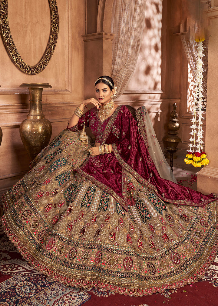 Buy Now Heavy Embroidery Chickoo Beige Velvet Bridal Lehenga Choli Online in USA, UK, Canada & Worldwide at Empress Clothing. 