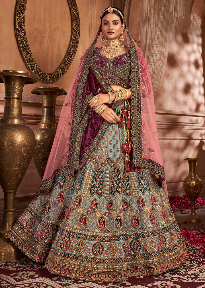 Buy Now Heavy Embroidery Sky Blue Velvet Bridal Lehenga Choli Online in USA, UK, Canada & Worldwide at Empress Clothing. 