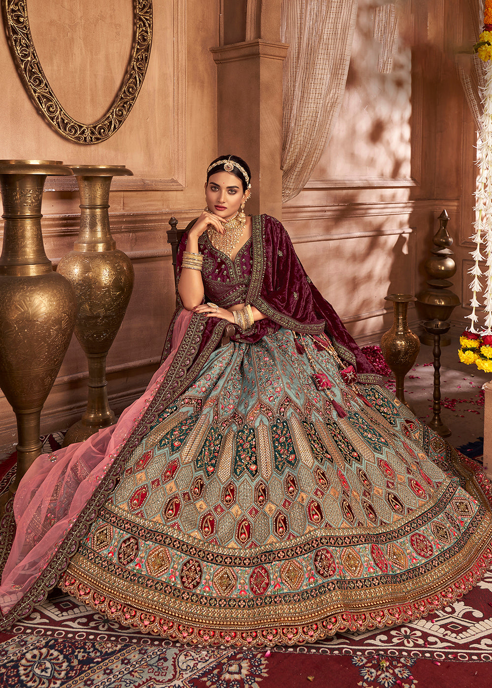 Buy Now Heavy Embroidery Sky Blue Velvet Bridal Lehenga Choli Online in USA, UK, Canada & Worldwide at Empress Clothing. 