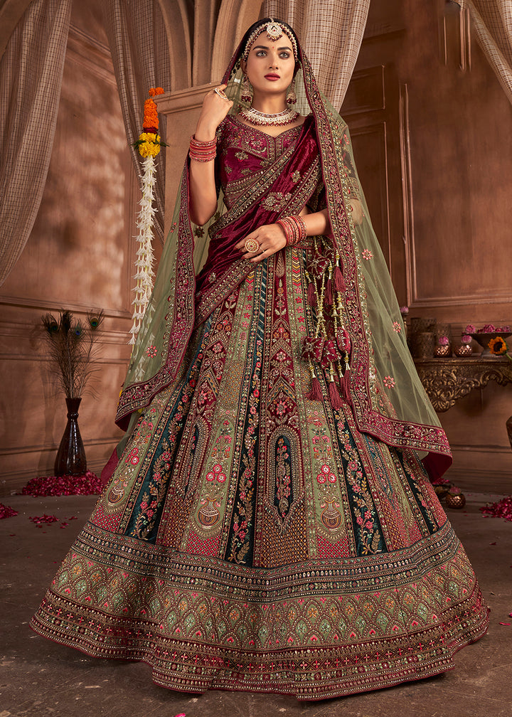 Buy Now Heavy Embroidery Multicolor Velvet Bridal Lehenga Choli Online in USA, UK, Canada & Worldwide at Empress Clothing. 