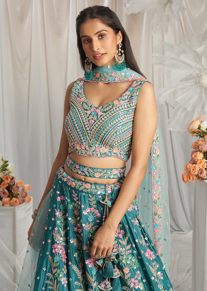 Buy Now Teal Multi Color Embroidered Wedding Lehenga Choli Online in USA, UK, Canada, UAE, France, Germany & Worldwide at Empress Clothing.