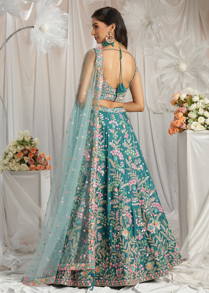 Buy Now Teal Multi Color Embroidered Wedding Lehenga Choli Online in USA, UK, Canada, UAE, France, Germany & Worldwide at Empress Clothing.