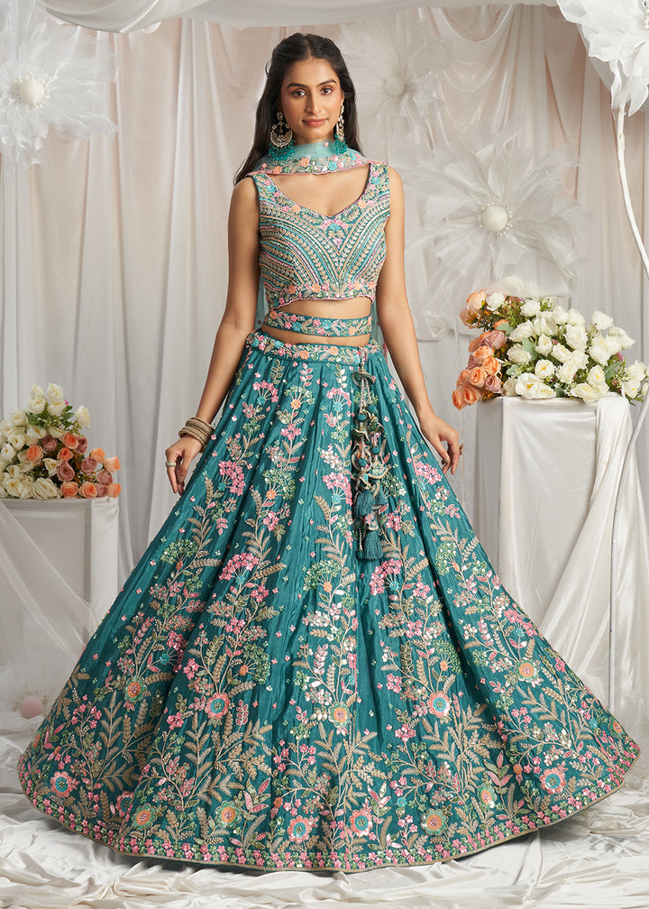 Buy Now Teal Multi Color Embroidered Wedding Lehenga Choli Online in USA, UK, Canada, UAE, France, Germany & Worldwide at Empress Clothing.