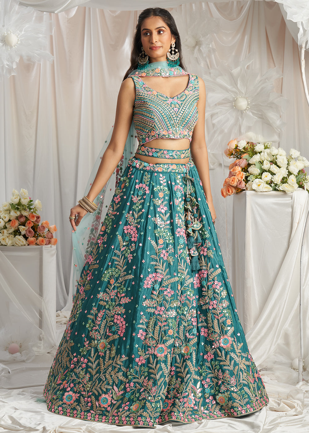 Buy Now Teal Multi Color Embroidered Wedding Lehenga Choli Online in USA, UK, Canada, UAE, France, Germany & Worldwide at Empress Clothing.