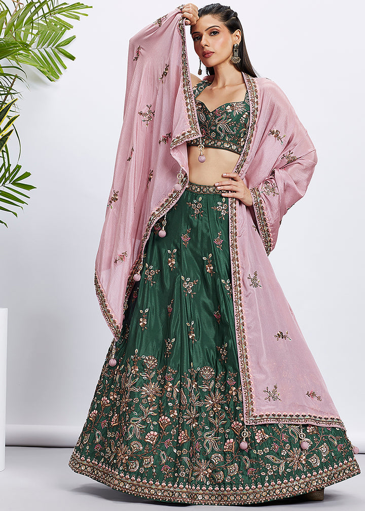 Buy Now Green Pure Chiffon Sequins & Thread Designer Lehenga Choli Online in USA, UK, Canada & Worldwide at Empress Clothing. 