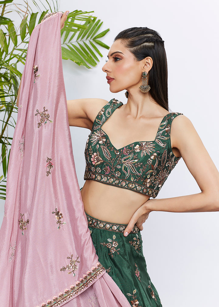 Buy Now Green Pure Chiffon Sequins & Thread Designer Lehenga Choli Online in USA, UK, Canada & Worldwide at Empress Clothing. 