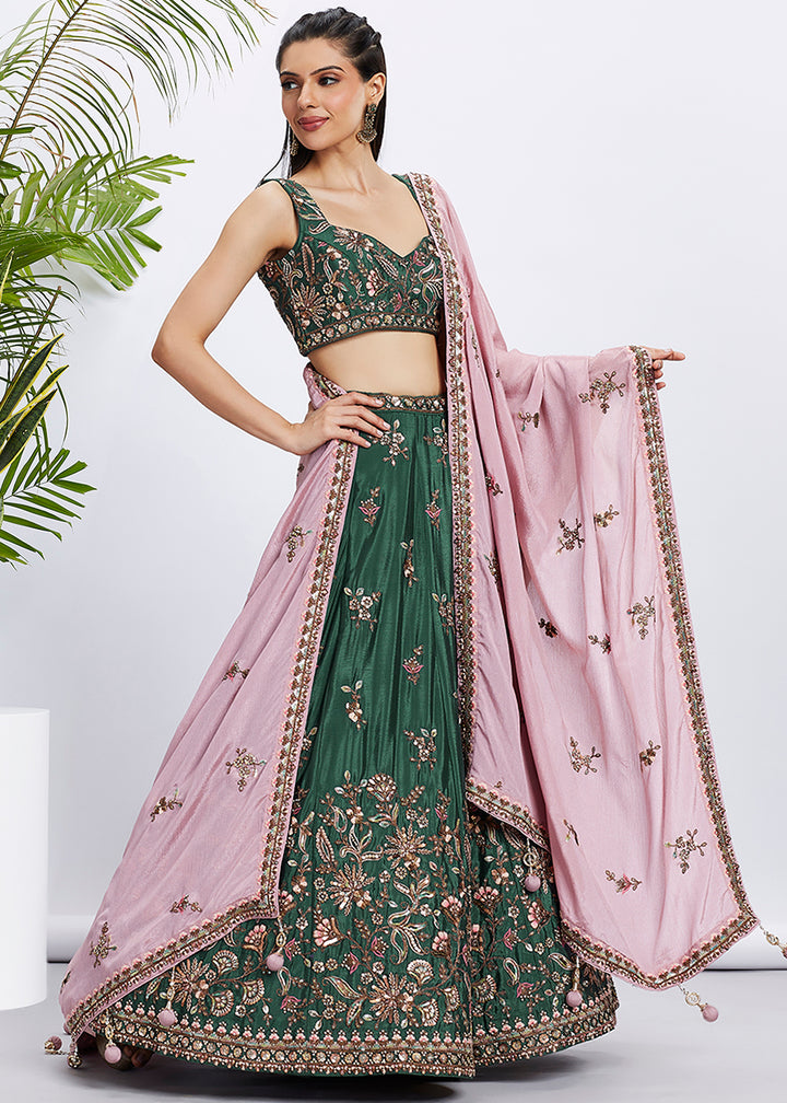 Buy Now Green Pure Chiffon Sequins & Thread Designer Lehenga Choli Online in USA, UK, Canada & Worldwide at Empress Clothing. 