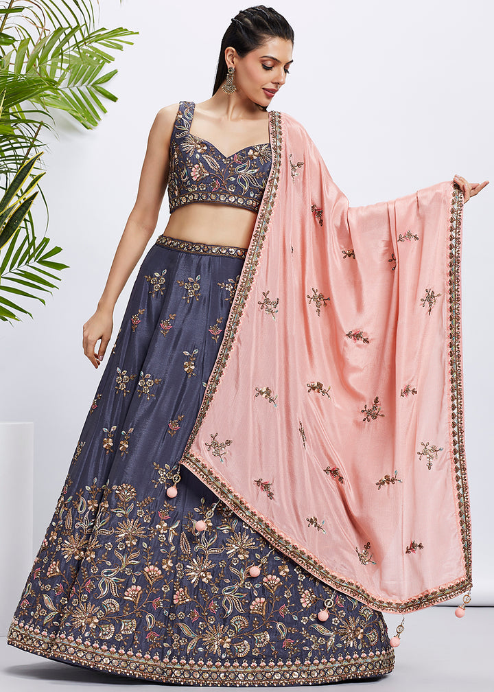 Buy Now Violet Pure Chiffon Sequins & Thread Designer Lehenga Choli Online in USA, UK, Canada & Worldwide at Empress Clothing. 