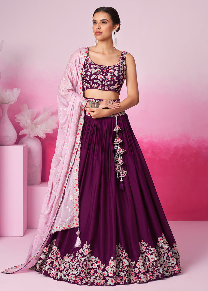 Buy Now Burgundy Pure Georgette Sequins Embroidered Lehenga Choli Online in USA, UK, Canada & Worldwide at Empress Clothing.