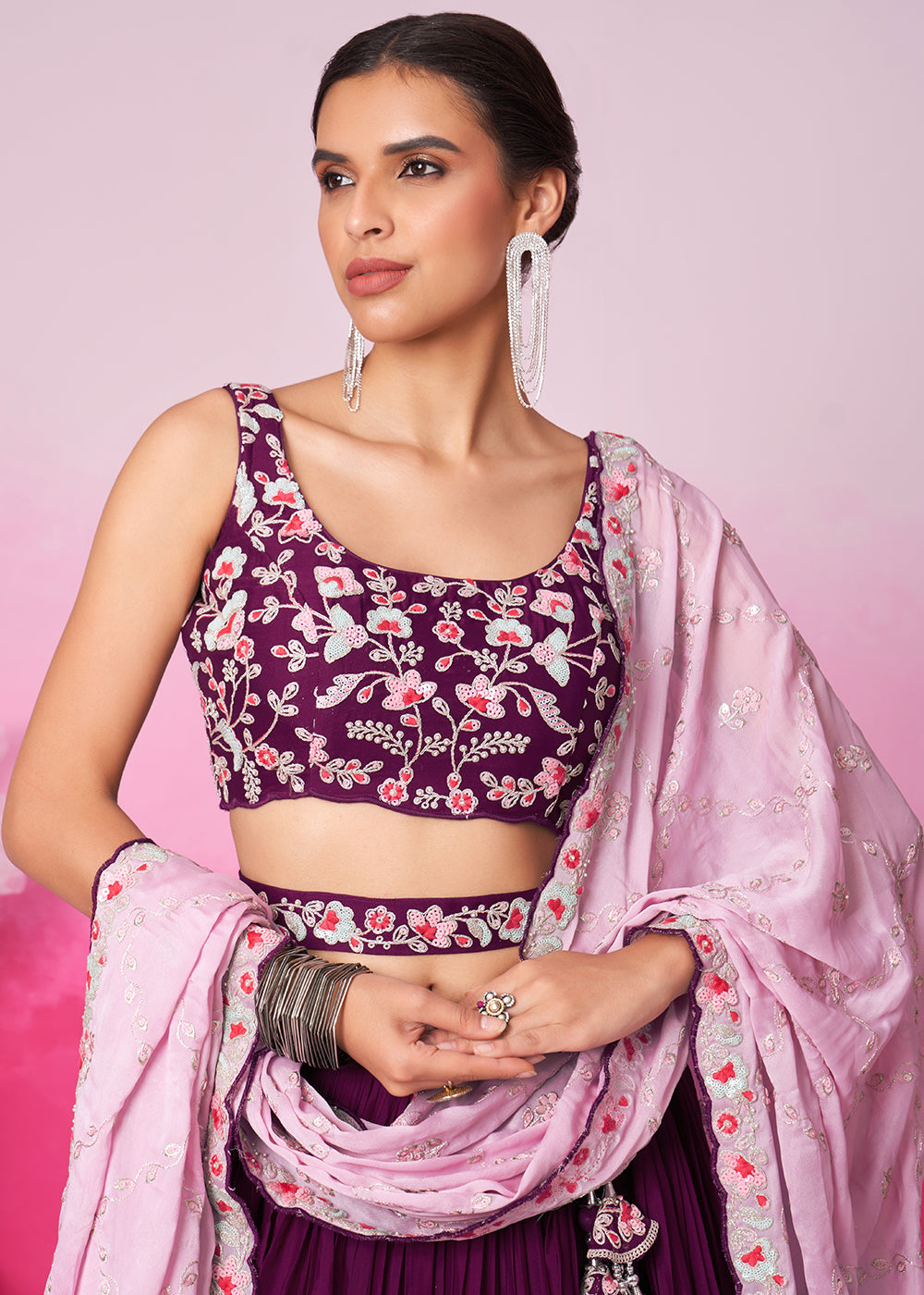 Buy Now Burgundy Pure Georgette Sequins Embroidered Lehenga Choli Online in USA, UK, Canada & Worldwide at Empress Clothing.