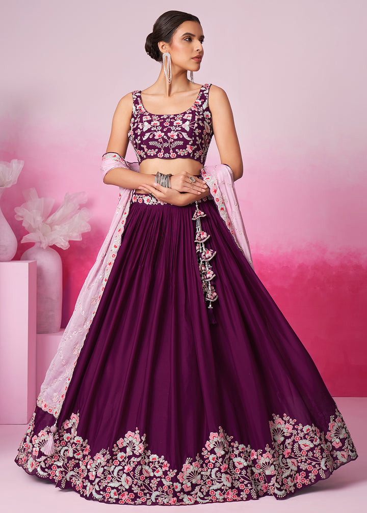 Buy Now Burgundy Pure Georgette Sequins Embroidered Lehenga Choli Online in USA, UK, Canada & Worldwide at Empress Clothing.