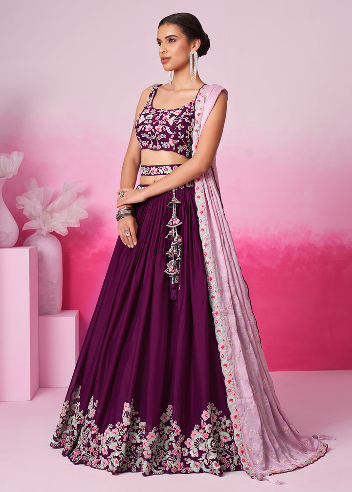 Buy Now Burgundy Pure Georgette Sequins Embroidered Lehenga Choli Online in USA, UK, Canada & Worldwide at Empress Clothing.