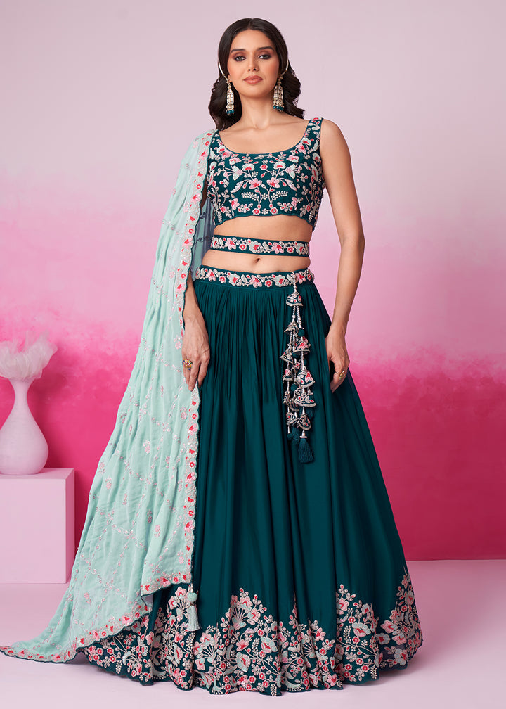 Buy Now Teal Pure Georgette Sequins Embroidered Lehenga Choli Online in USA, UK, Canada & Worldwide at Empress Clothing.