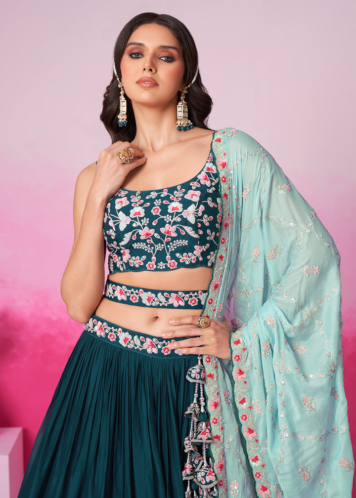 Buy Now Teal Pure Georgette Sequins Embroidered Lehenga Choli Online in USA, UK, Canada & Worldwide at Empress Clothing.