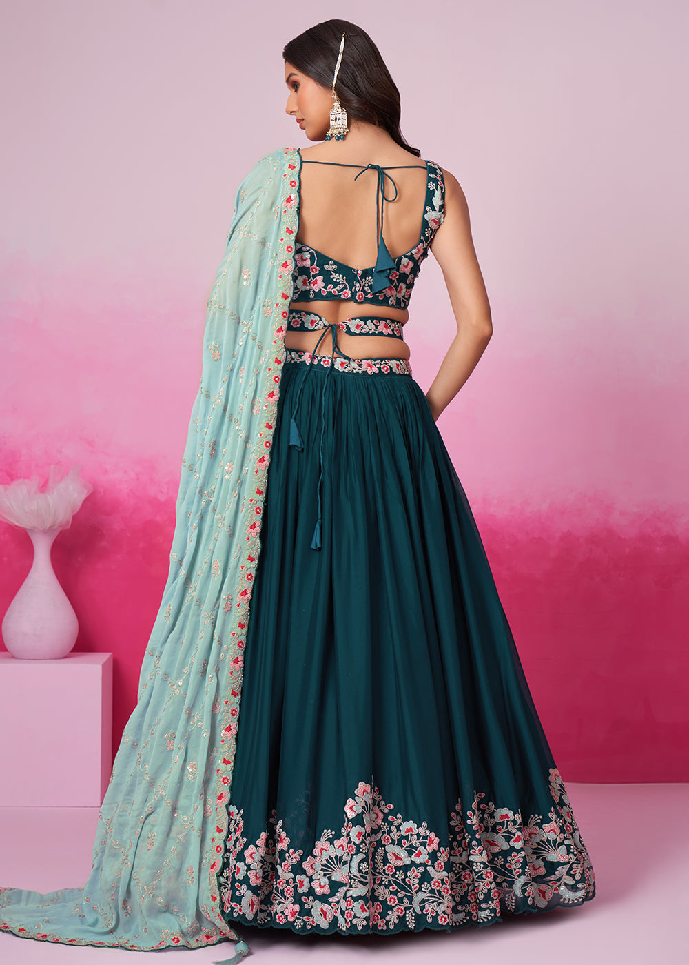 Buy Now Teal Pure Georgette Sequins Embroidered Lehenga Choli Online in USA, UK, Canada & Worldwide at Empress Clothing.