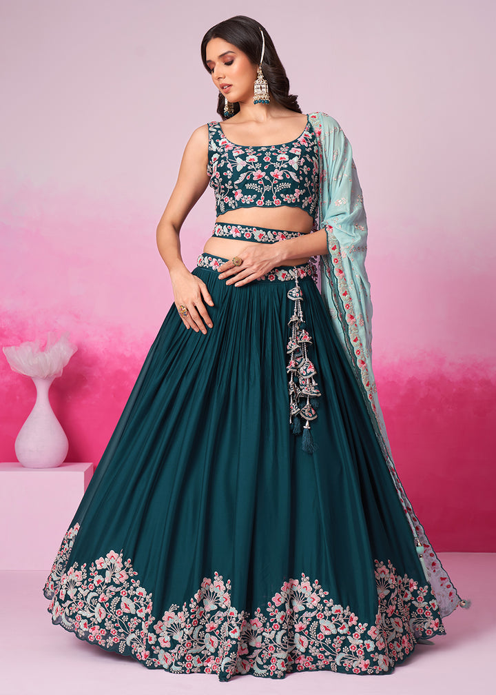 Buy Now Teal Pure Georgette Sequins Embroidered Lehenga Choli Online in USA, UK, Canada & Worldwide at Empress Clothing.