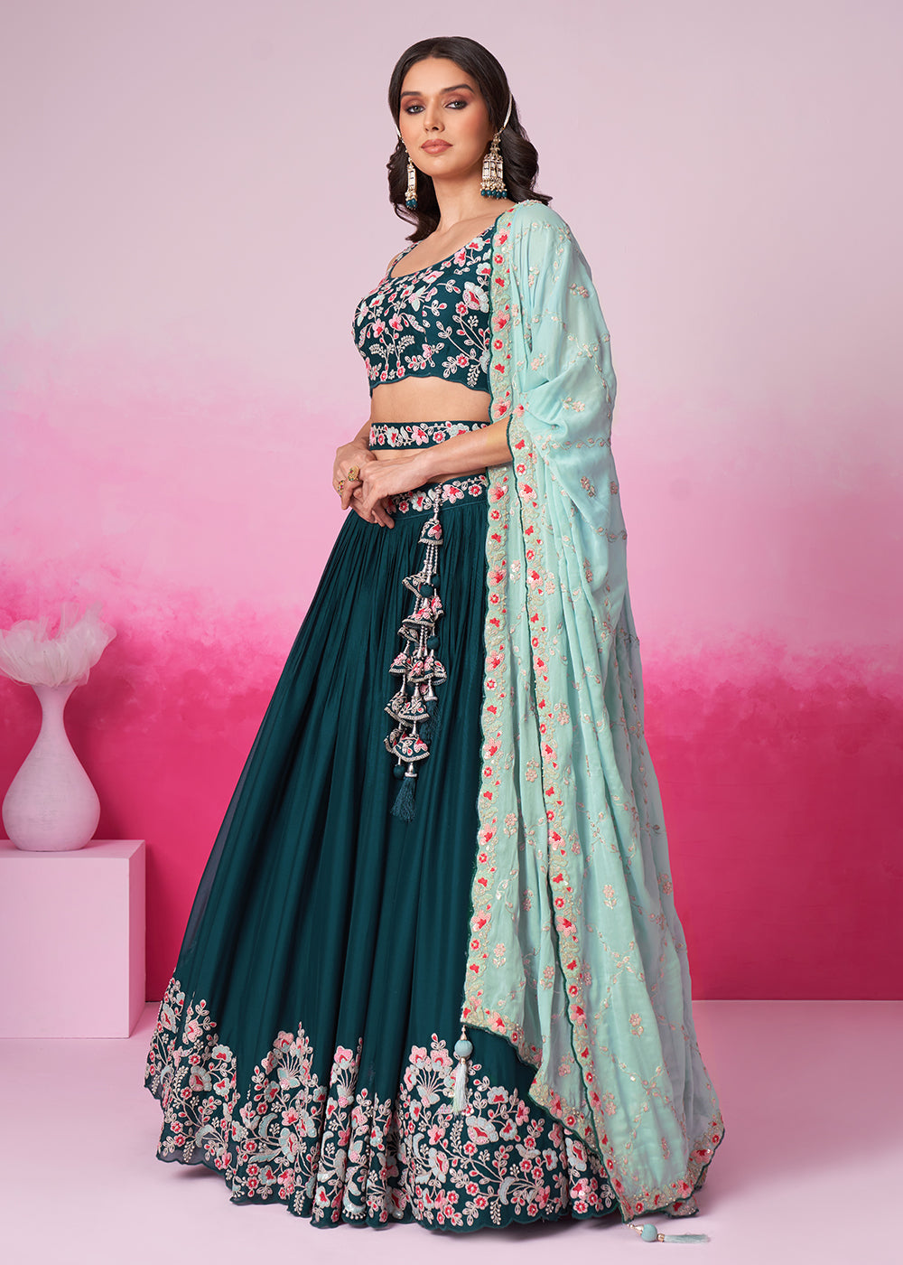 Buy Now Teal Pure Georgette Sequins Embroidered Lehenga Choli Online in USA, UK, Canada & Worldwide at Empress Clothing.