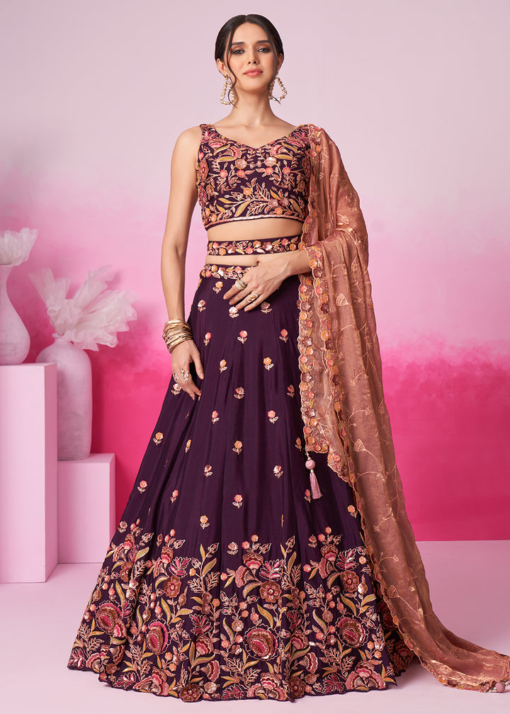 Buy Now Designer Burgundy Chiffon Embroidered Wedding Lehenga Choli Online in USA, UK, Canada & Worldwide at Empress Clothing. 