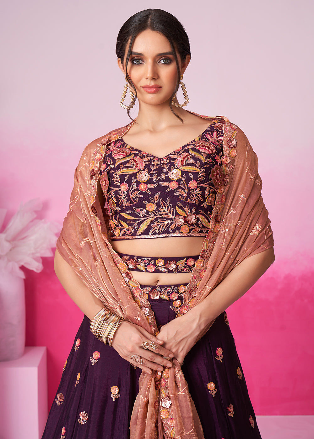 Buy Now Designer Burgundy Chiffon Embroidered Wedding Lehenga Choli Online in USA, UK, Canada & Worldwide at Empress Clothing. 