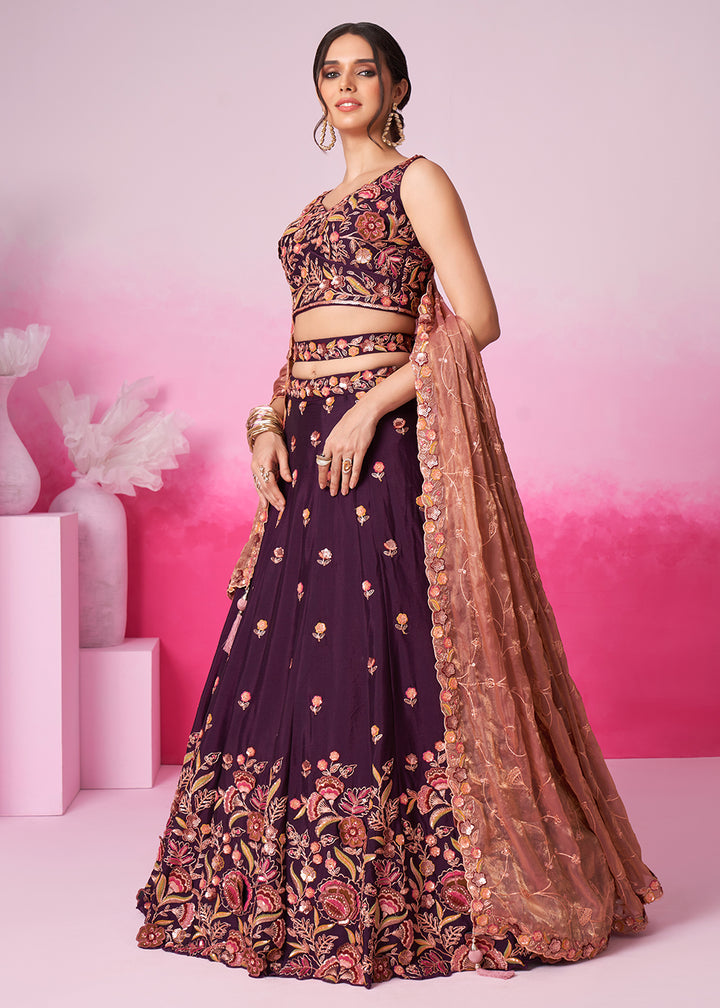 Buy Now Designer Burgundy Chiffon Embroidered Wedding Lehenga Choli Online in USA, UK, Canada & Worldwide at Empress Clothing. 