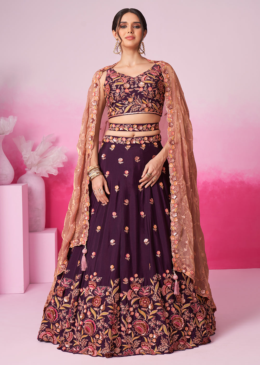 Buy Now Designer Burgundy Chiffon Embroidered Wedding Lehenga Choli Online in USA, UK, Canada & Worldwide at Empress Clothing. 