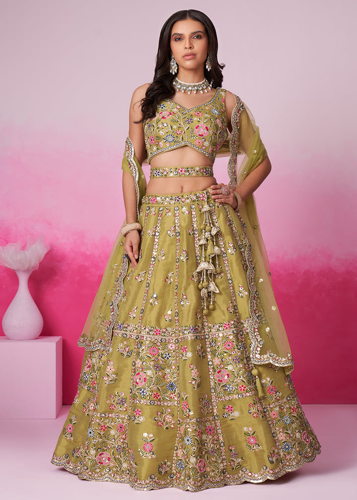 Buy Now Mustard Net Ethnic Embroidered Bridal Wear Lehenga Choli Online in USA, UK, Canada & Worldwide at Empress Clothing.