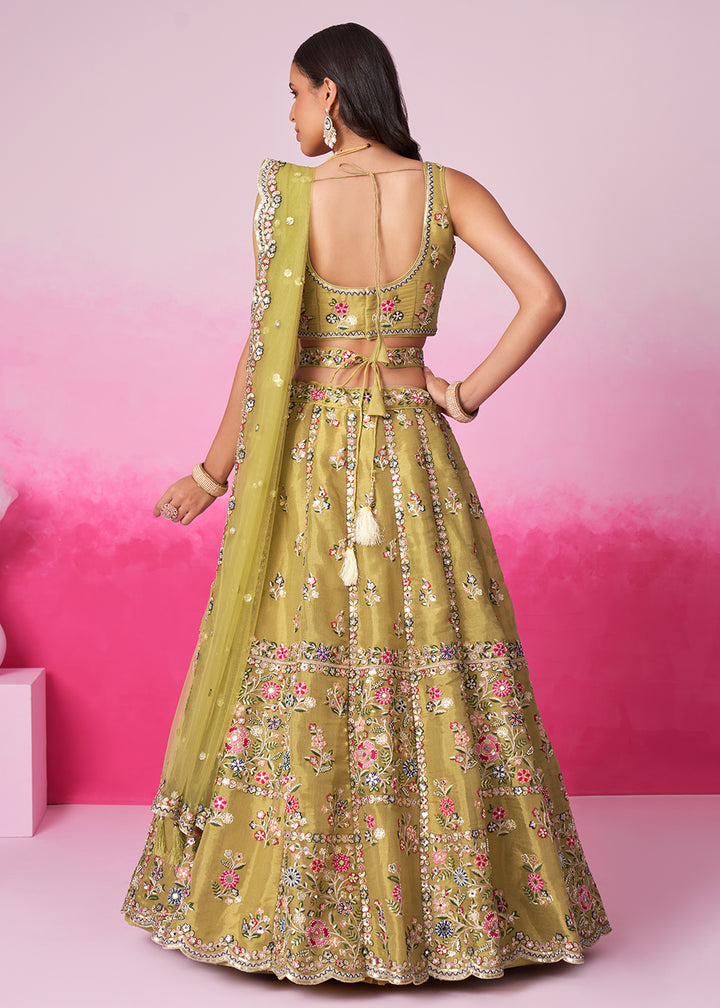 Buy Now Mustard Net Ethnic Embroidered Bridal Wear Lehenga Choli Online in USA, UK, Canada & Worldwide at Empress Clothing.