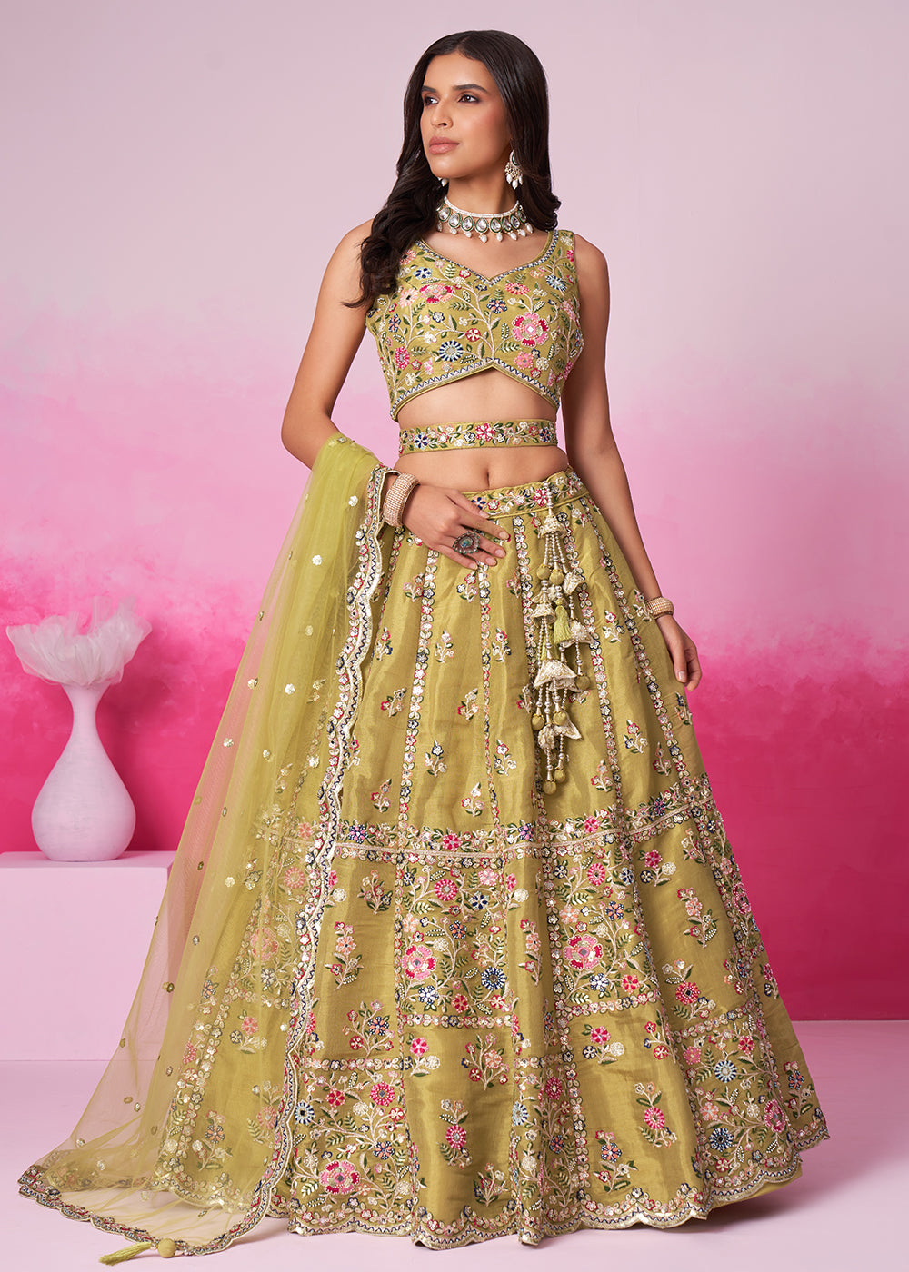 Buy Now Mustard Net Ethnic Embroidered Bridal Wear Lehenga Choli Online in USA, UK, Canada & Worldwide at Empress Clothing.