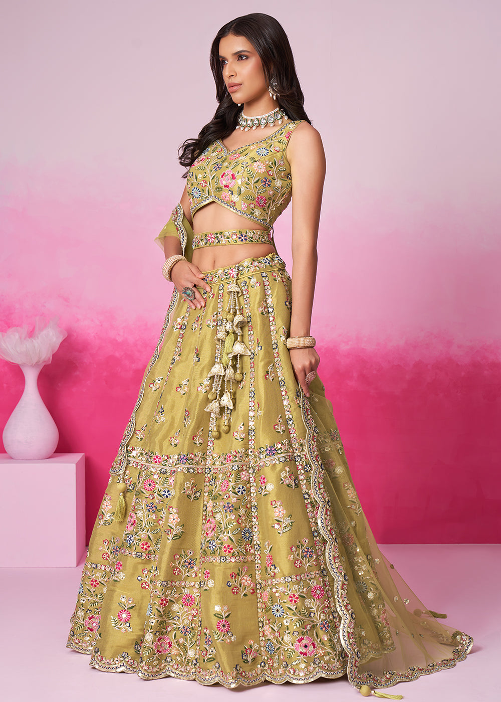 Buy Now Mustard Net Ethnic Embroidered Bridal Wear Lehenga Choli Online in USA, UK, Canada & Worldwide at Empress Clothing.