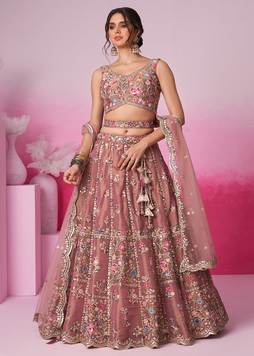 Buy Now Rose Gold Net Ethnic Embroidered Bridal Wear Lehenga Choli Online in USA, UK, Canada & Worldwide at Empress Clothing. 