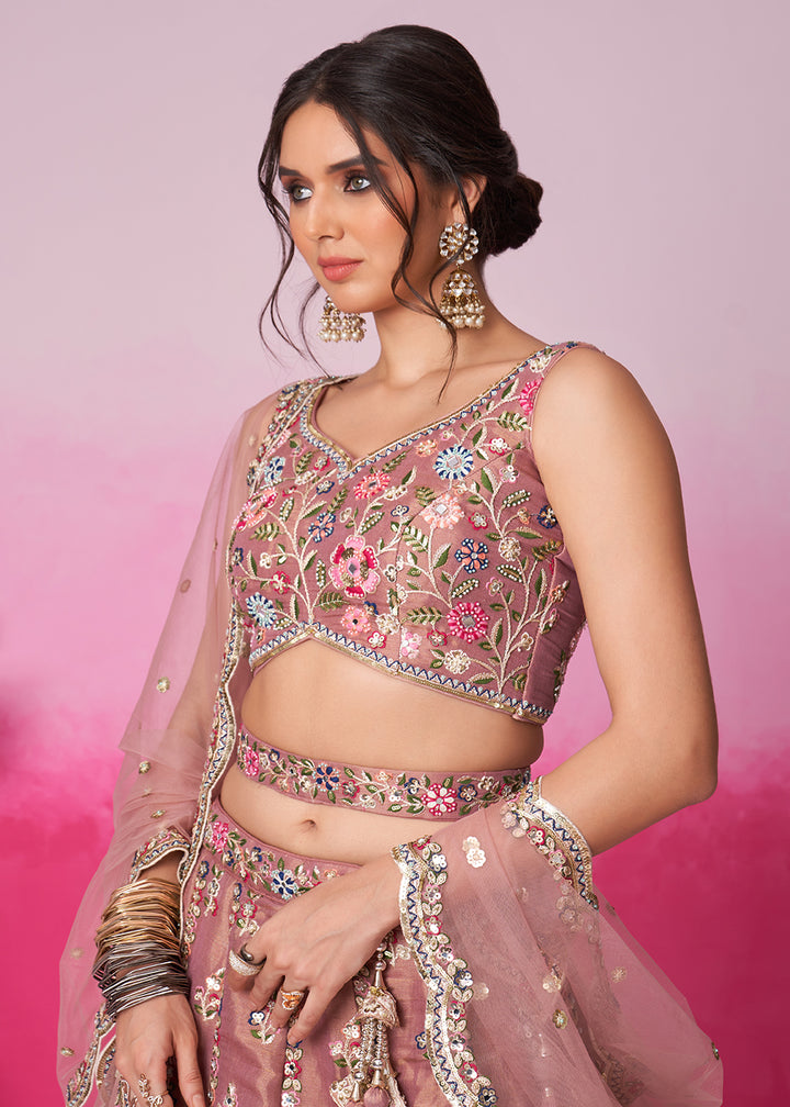 Buy Now Rose Gold Net Ethnic Embroidered Bridal Wear Lehenga Choli Online in USA, UK, Canada & Worldwide at Empress Clothing. 