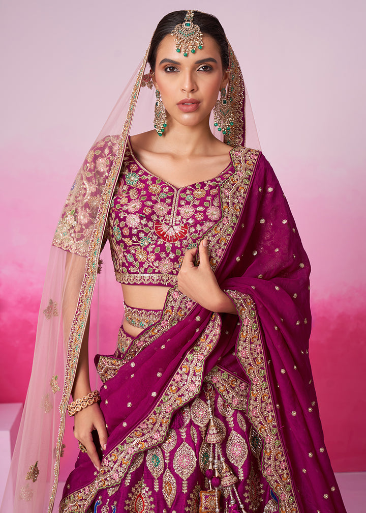 Buy Now Pure Silk Embroidered Burgundy Designer Bridal Lehenga Choli Online in USA, UK, Canada & Worldwide at Empress Clothing. 