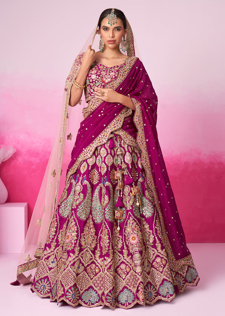 Buy Now Pure Silk Embroidered Burgundy Designer Bridal Lehenga Choli Online in USA, UK, Canada & Worldwide at Empress Clothing. 