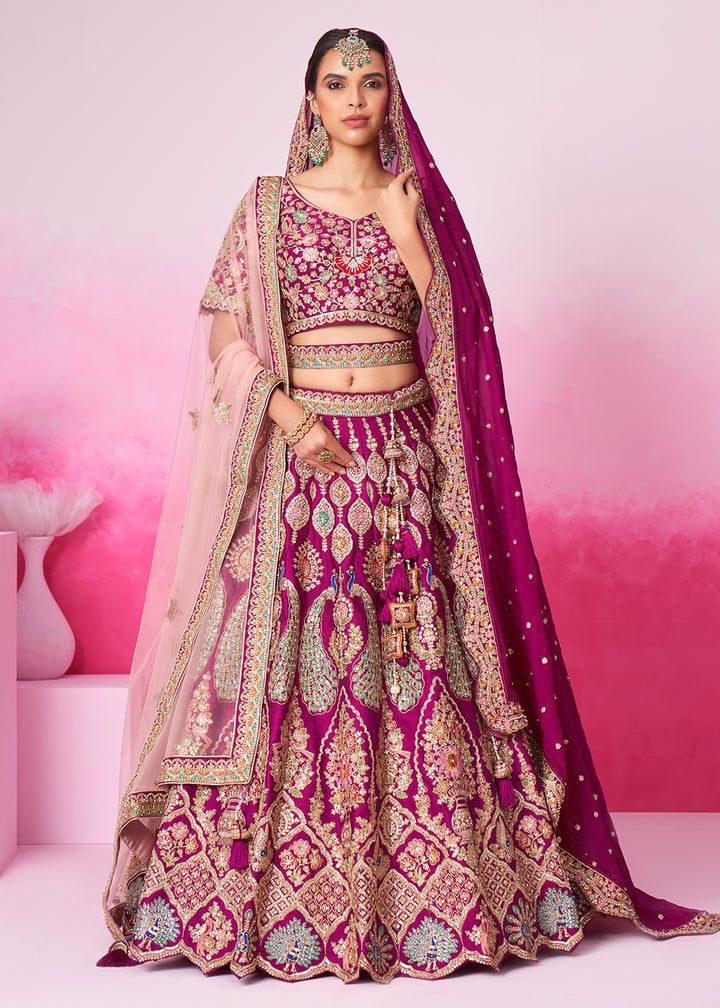 Pure Silk Embroidered Burgundy Designer Bridal Lehenga Choli