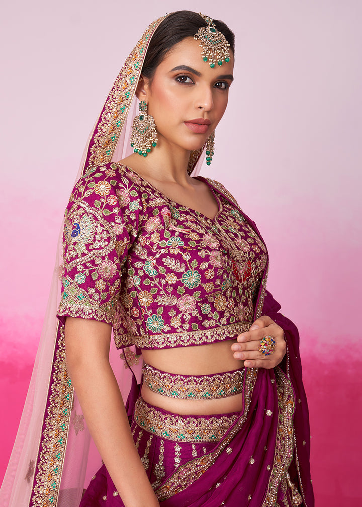 Buy Now Pure Silk Embroidered Burgundy Designer Bridal Lehenga Choli Online in USA, UK, Canada & Worldwide at Empress Clothing. 