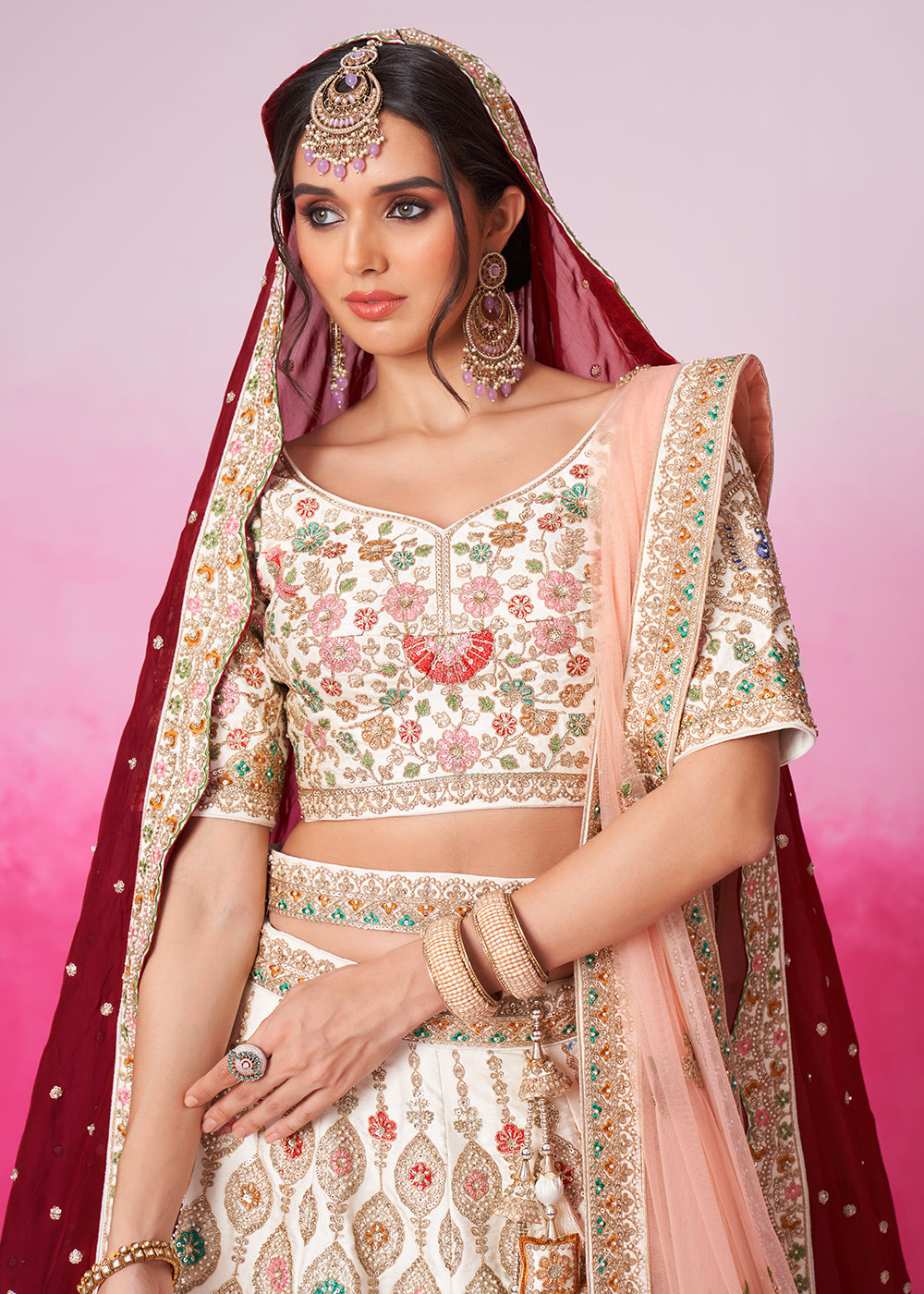 Buy Now Pure Silk Embroidered Cream Designer Bridal Lehenga Choli Online in USA, UK, Canada & Worldwide at Empress Clothing.