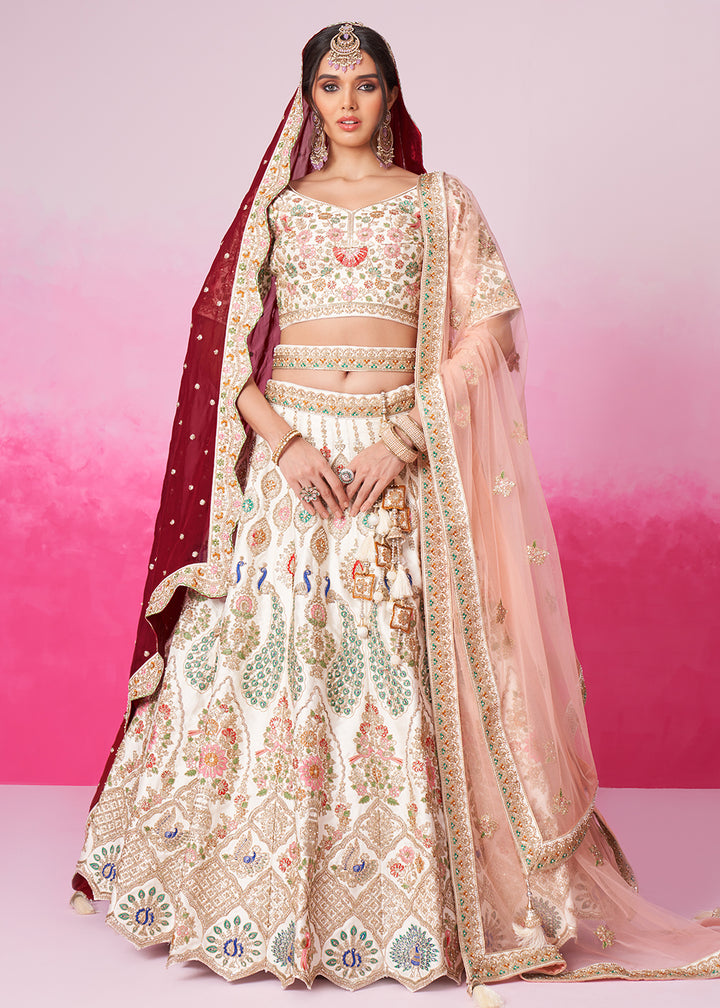 Buy Now Pure Silk Embroidered Cream Designer Bridal Lehenga Choli Online in USA, UK, Canada & Worldwide at Empress Clothing.