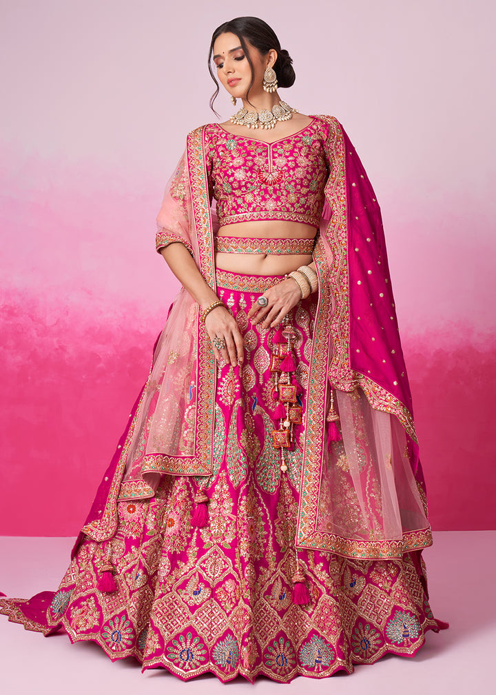 Buy Now Pure Silk Embroidered Pink Designer Bridal Lehenga Choli Online in USA, UK, Canada & Worldwide at Empress Clothing.