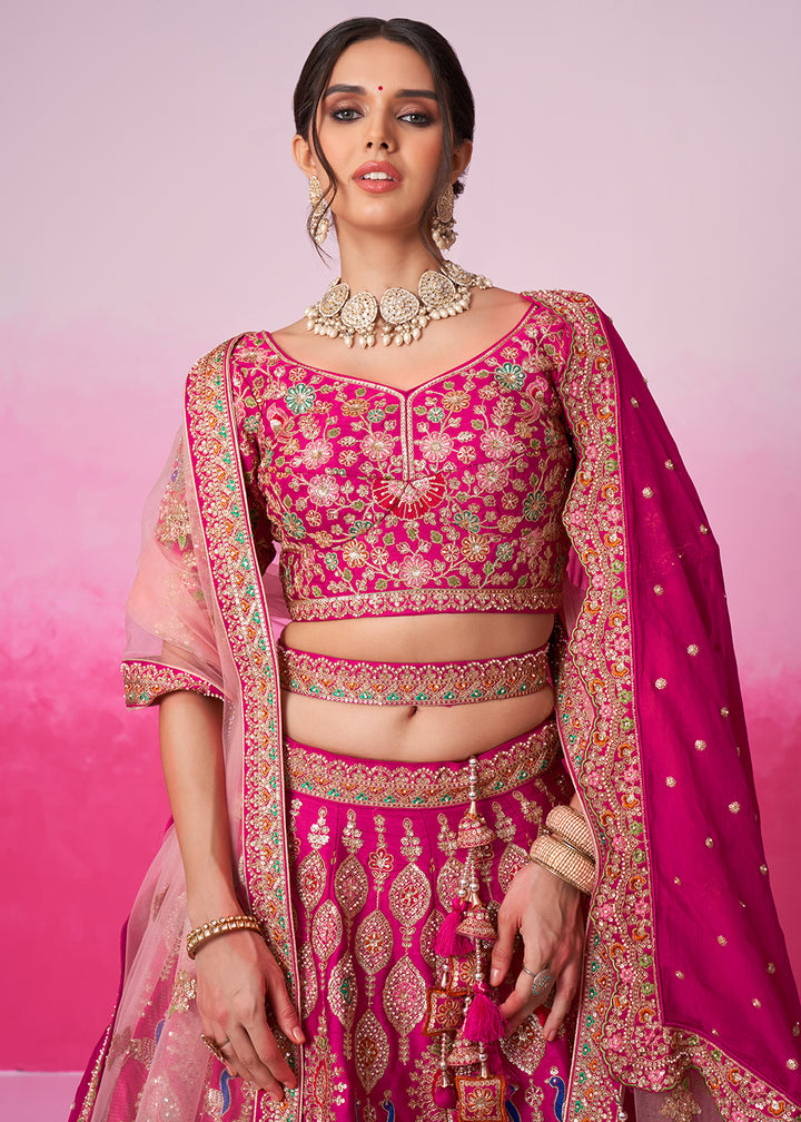 Buy Now Pure Silk Embroidered Pink Designer Bridal Lehenga Choli Online in USA, UK, Canada & Worldwide at Empress Clothing.