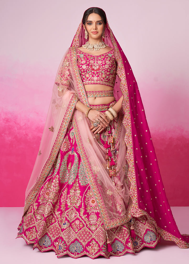 Buy Now Pure Silk Embroidered Pink Designer Bridal Lehenga Choli Online in USA, UK, Canada & Worldwide at Empress Clothing.