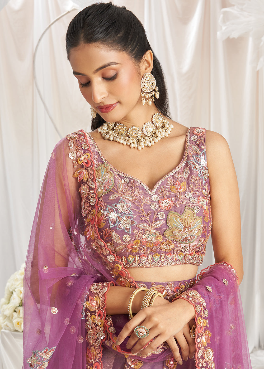 Buy Now Lavender Organza Multi Sequinned Wedding Lehenga Choli Online in USA, UK, Canada, UAE, France, Germany & Worldwide at Empress Clothing.