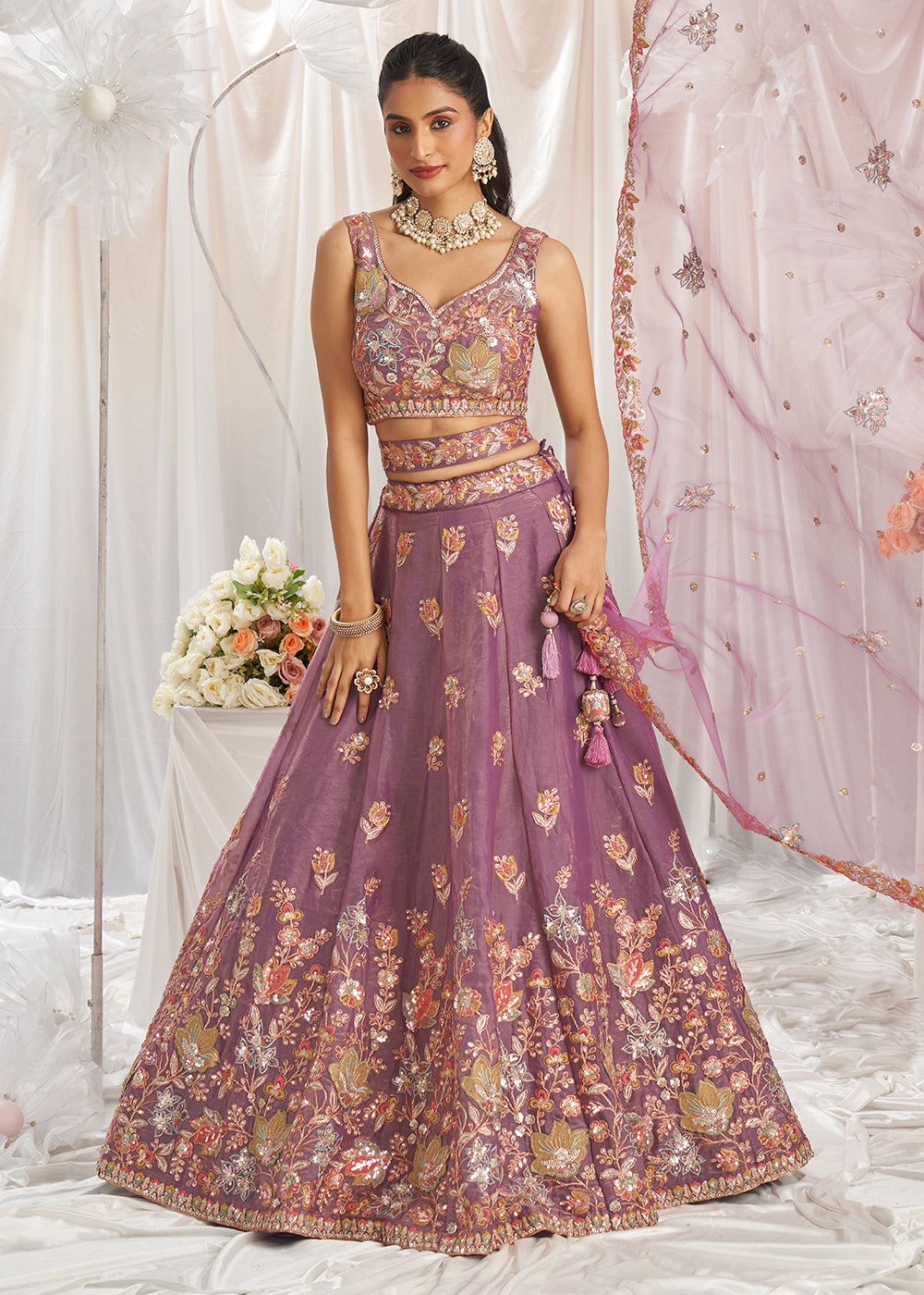 Buy Now Lavender Organza Multi Sequinned Wedding Lehenga Choli Online in USA, UK, Canada, UAE, France, Germany & Worldwide at Empress Clothing.