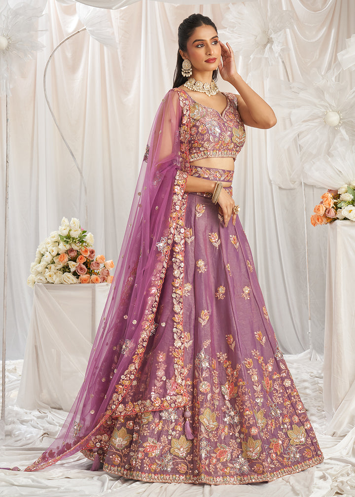 Buy Now Lavender Organza Multi Sequinned Wedding Lehenga Choli Online in USA, UK, Canada, UAE, France, Germany & Worldwide at Empress Clothing.